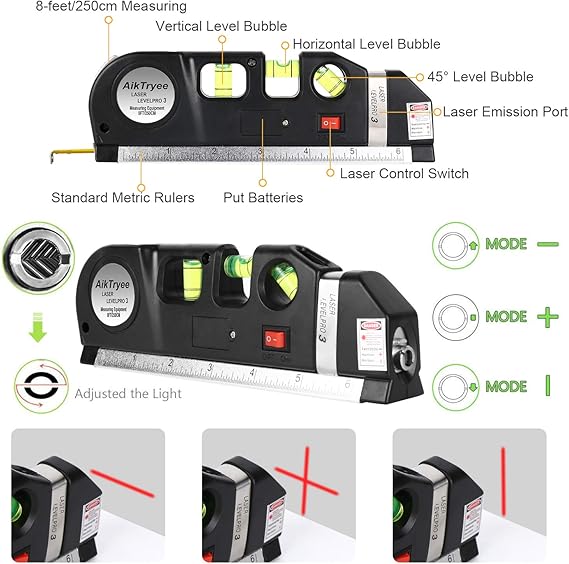 AikTryee Laser Level Tool – Cross Line, Vertical & Horizontal Leveler with Metric Ruler 8ft/2.5M - Urbizia