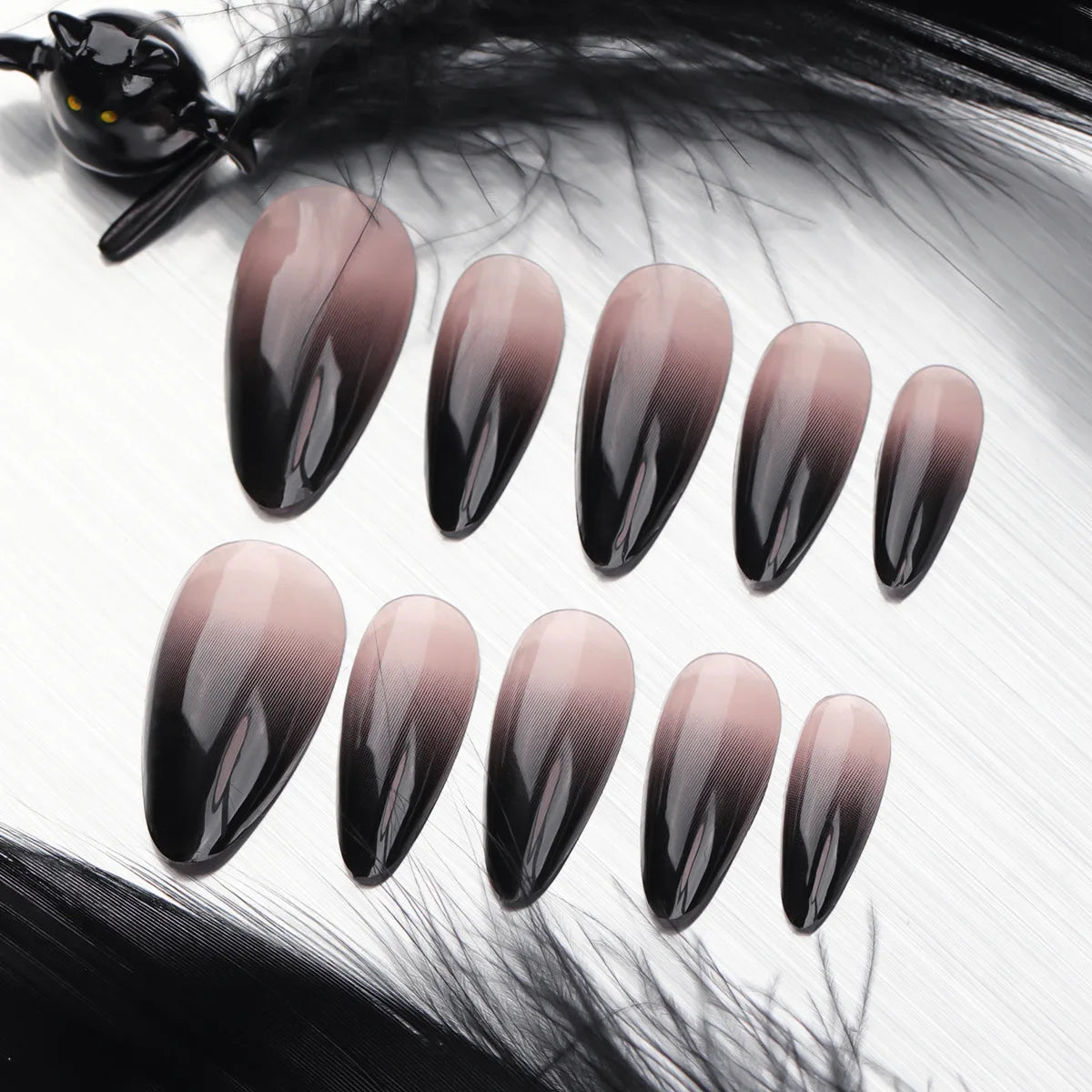 Black Gradient French Almond Fake Nails – Halloween Ghost & Pumpkin Press On Nails with Glue