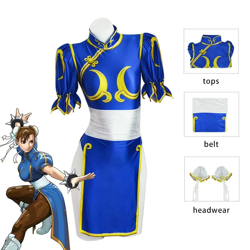 Chun Li Cosplay Dress – SF Game Role Play Blue Qipao Outfit Full Set for Halloween & Party