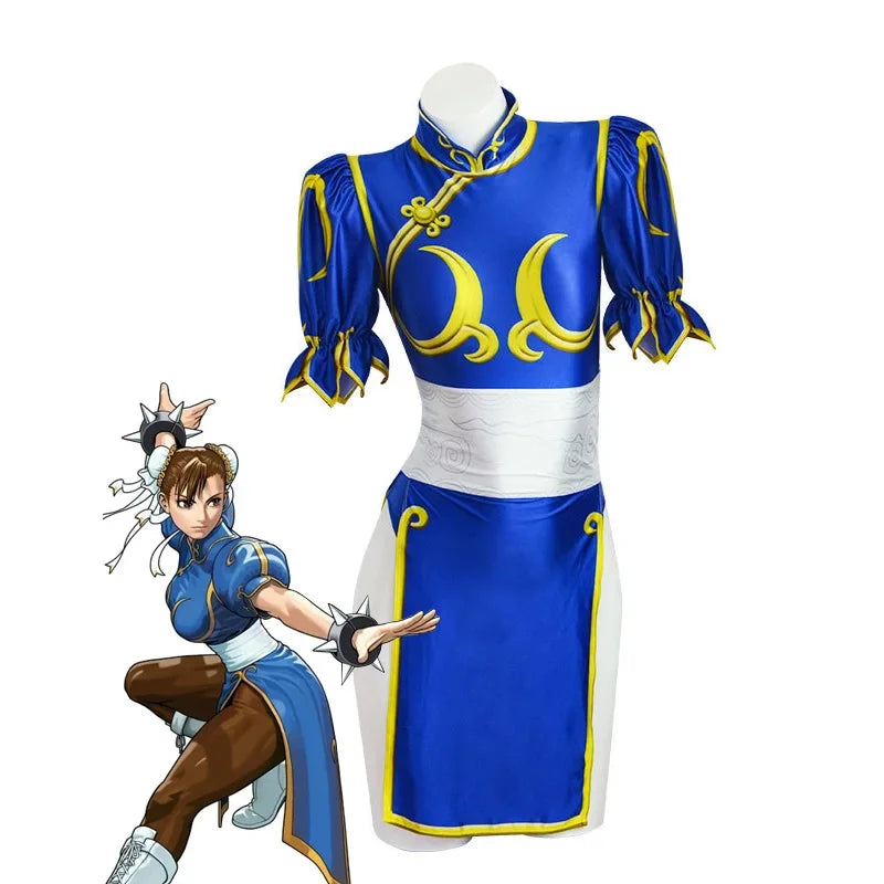 Chun Li Cosplay Dress – SF Game Role Play Blue Qipao Outfit Full Set for Halloween & Party