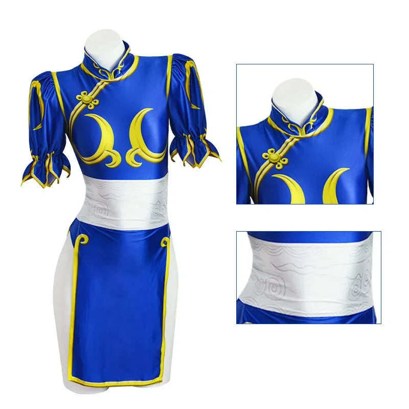 Chun Li Cosplay Dress – SF Game Role Play Blue Qipao Outfit Full Set for Halloween & Party