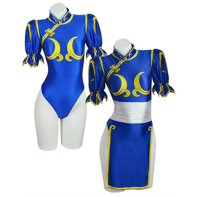 Chun Li Cosplay Dress – SF Game Role Play Blue Qipao Outfit Full Set for Halloween & Party