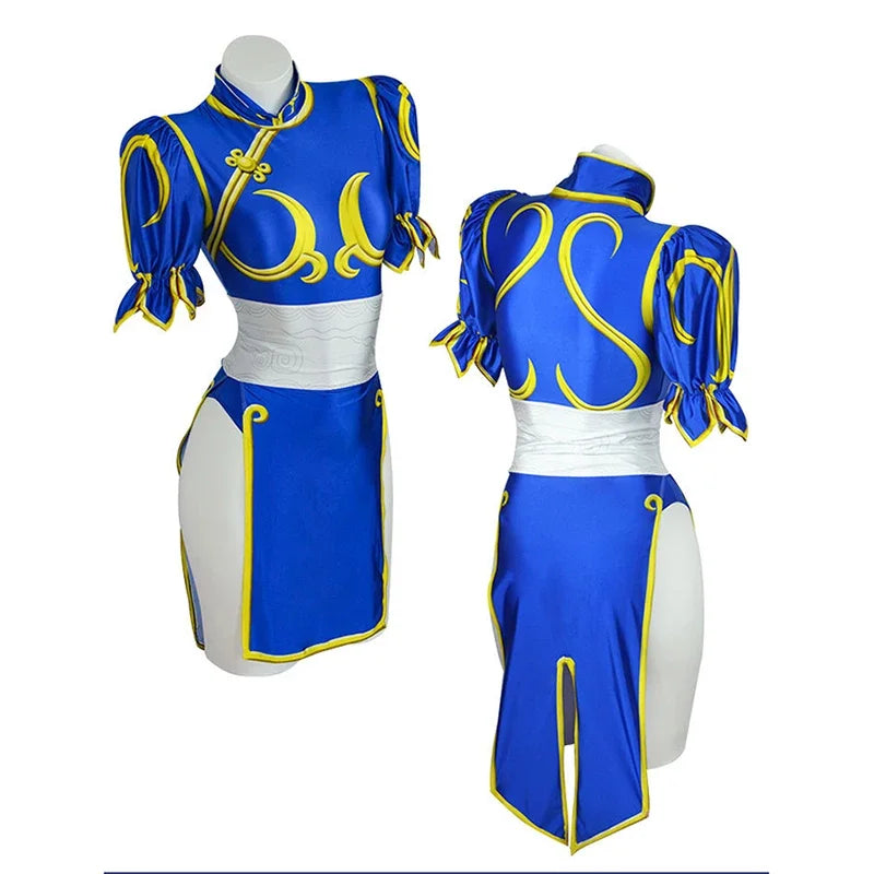 Chun Li Cosplay Dress – SF Game Role Play Blue Qipao Outfit Full Set for Halloween & Party