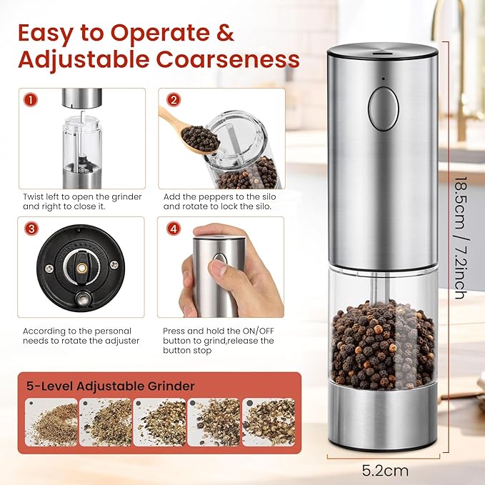 Electric Salt & Pepper Grinder Set – Rechargeable, Adjustable Coarseness, Stainless Steel with Light - Urbizia