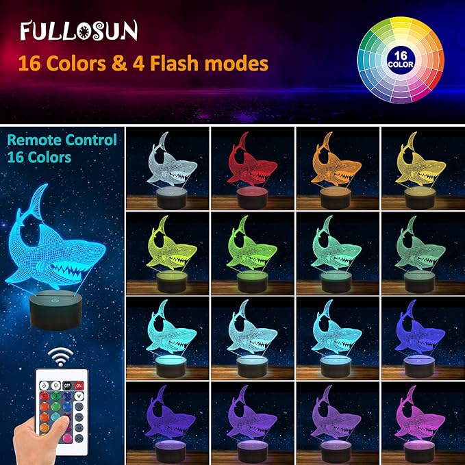 FULLOSUN Shark 3D Illusion Night Light – 16 Color LED Touch Lamp with Remote - Urbizia
