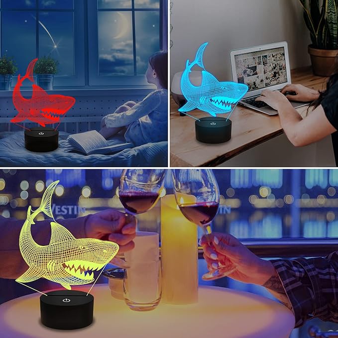 FULLOSUN Shark 3D Illusion Night Light – 16 Color LED Touch Lamp with Remote - Urbizia