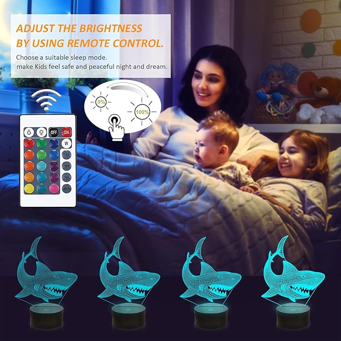 FULLOSUN Shark 3D Illusion Night Light – 16 Color LED Touch Lamp with Remote - Urbizia