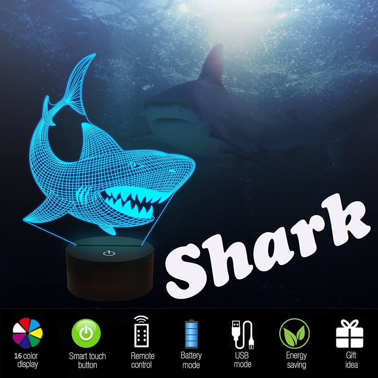FULLOSUN Shark 3D Illusion Night Light – 16 Color LED Touch Lamp with Remote - Urbizia