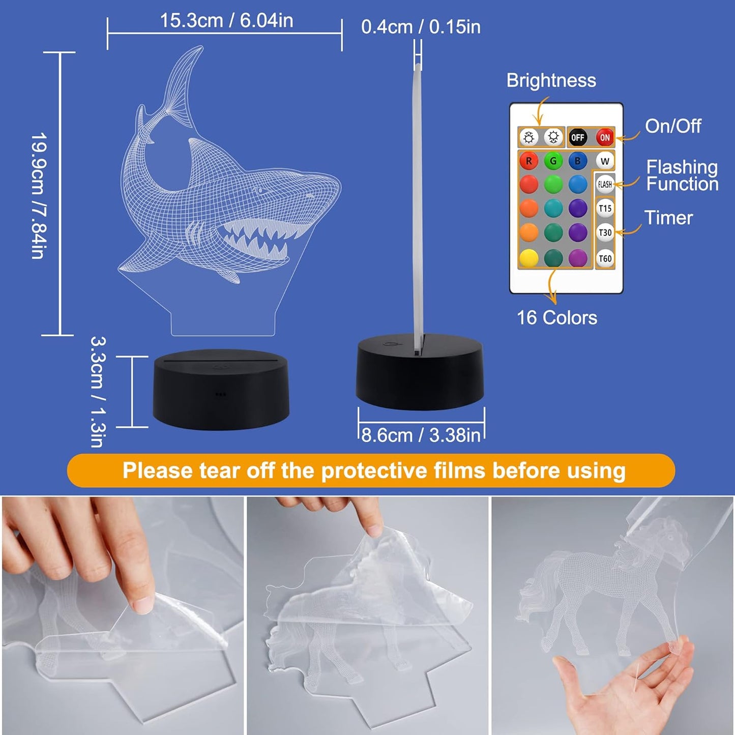 FULLOSUN Shark 3D Illusion Night Light – 16 Color LED Touch Lamp with Remote - Urbizia