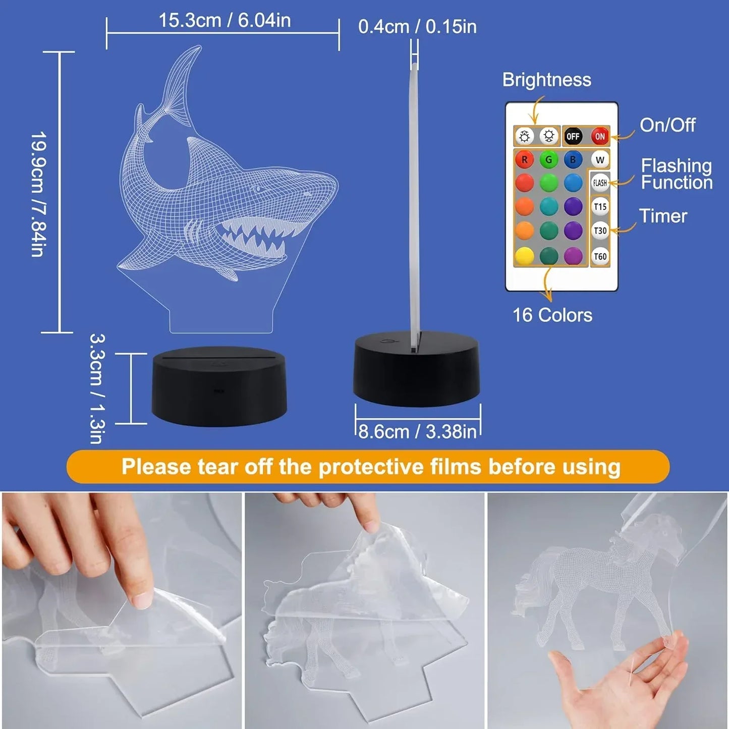 FULLOSUN Shark 3D Illusion Night Light – 16 Color LED Touch Lamp with Remote - Urbizia