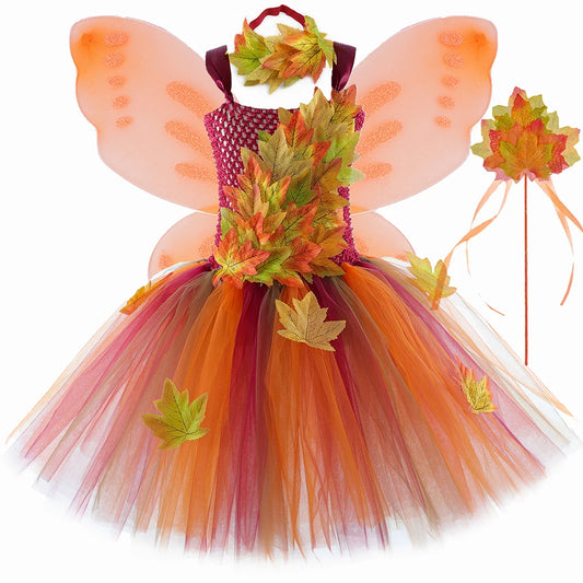 Fairy Costume for Girls – Forest Woodland Autumn Tutu Dress with Maple Leaves for Halloween