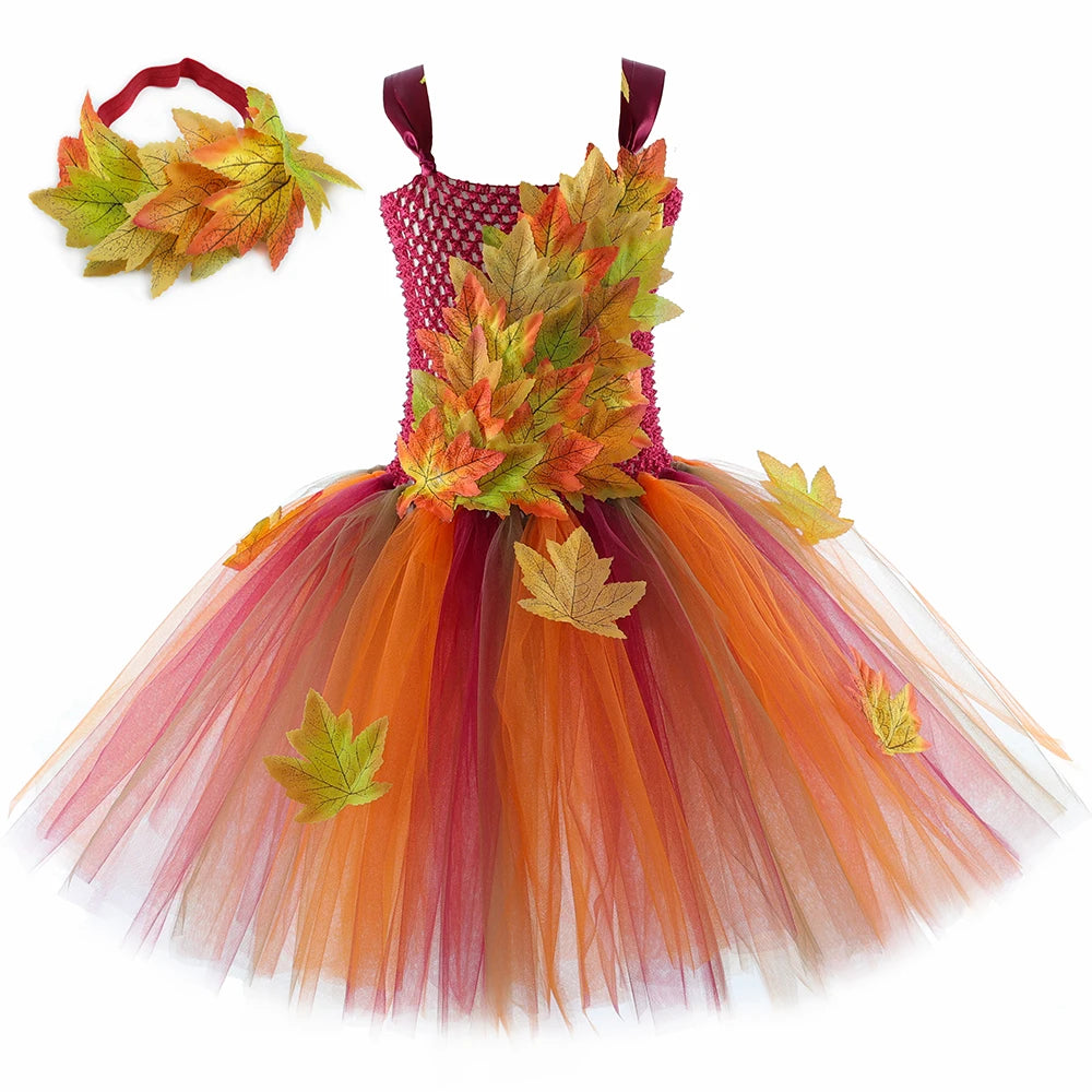 Fairy Costume for Girls – Forest Woodland Autumn Tutu Dress with Maple Leaves for Halloween