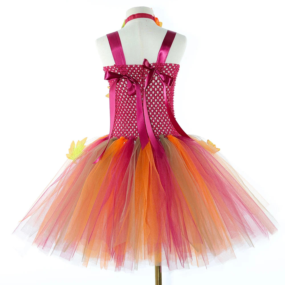 Fairy Costume for Girls – Forest Woodland Autumn Tutu Dress with Maple Leaves for Halloween