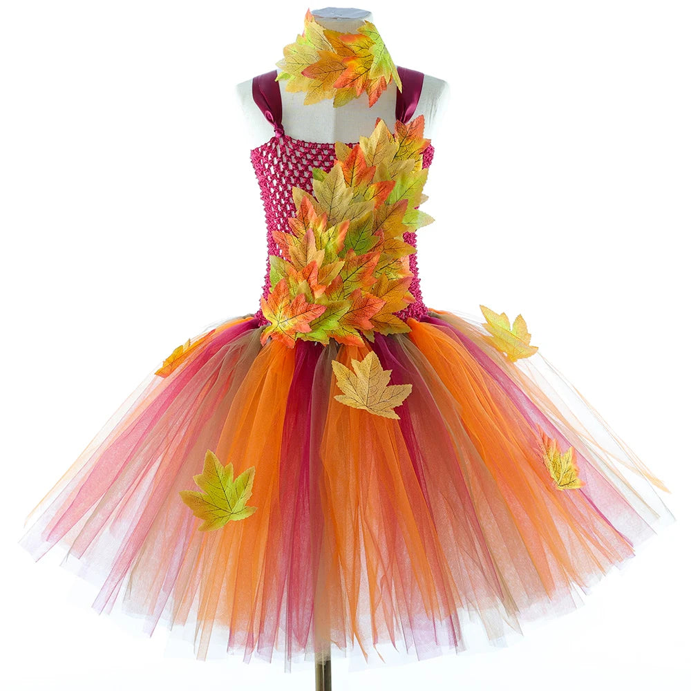Fairy Costume for Girls – Forest Woodland Autumn Tutu Dress with Maple Leaves for Halloween