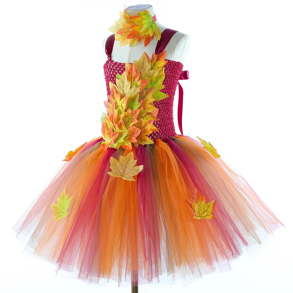 Fairy Costume for Girls – Forest Woodland Autumn Tutu Dress with Maple Leaves for Halloween