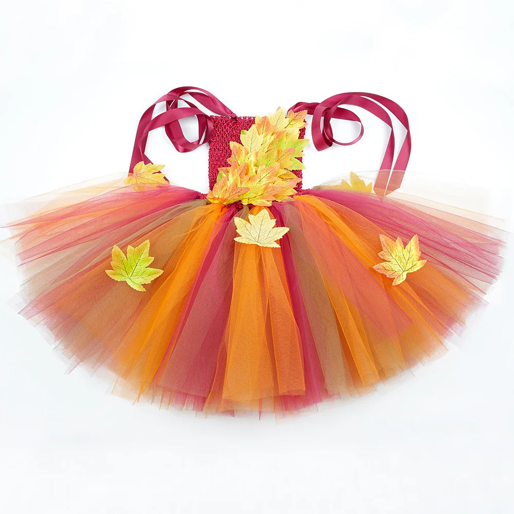 Fairy Costume for Girls – Forest Woodland Autumn Tutu Dress with Maple Leaves for Halloween