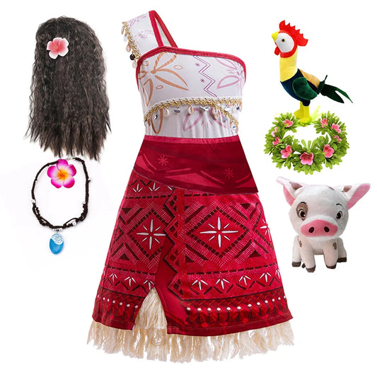 Girls Moana 2 Movie Dress – Halloween Party Adventure Costume & Princess Outfit with Vaiana Pet Pig Accessories