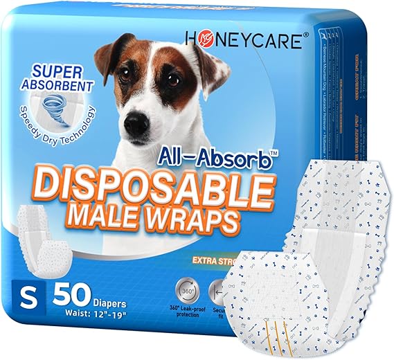 HONEY CARE All-Absorb Male Dog Wraps – Small, Disposable Leak-Proof Diapers for Male Dogs, 50 Count - Urbizia