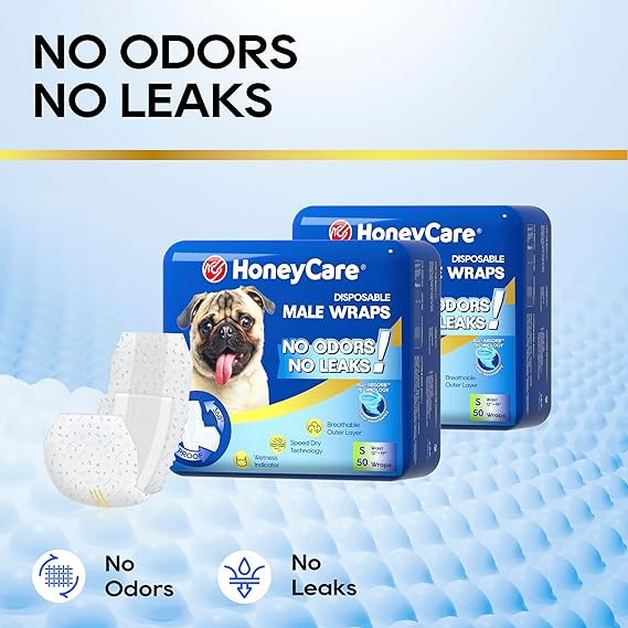 HONEY CARE All-Absorb Male Dog Wraps – Small, Disposable Leak-Proof Diapers for Male Dogs, 50 Count - Urbizia