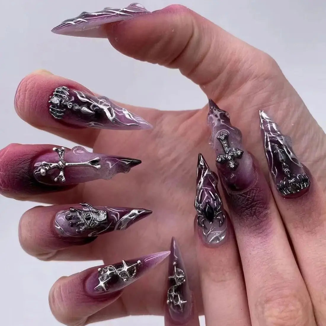 Halloween Cool Spider Skull False Nails – Purple Halo Press-on Nails with Glue