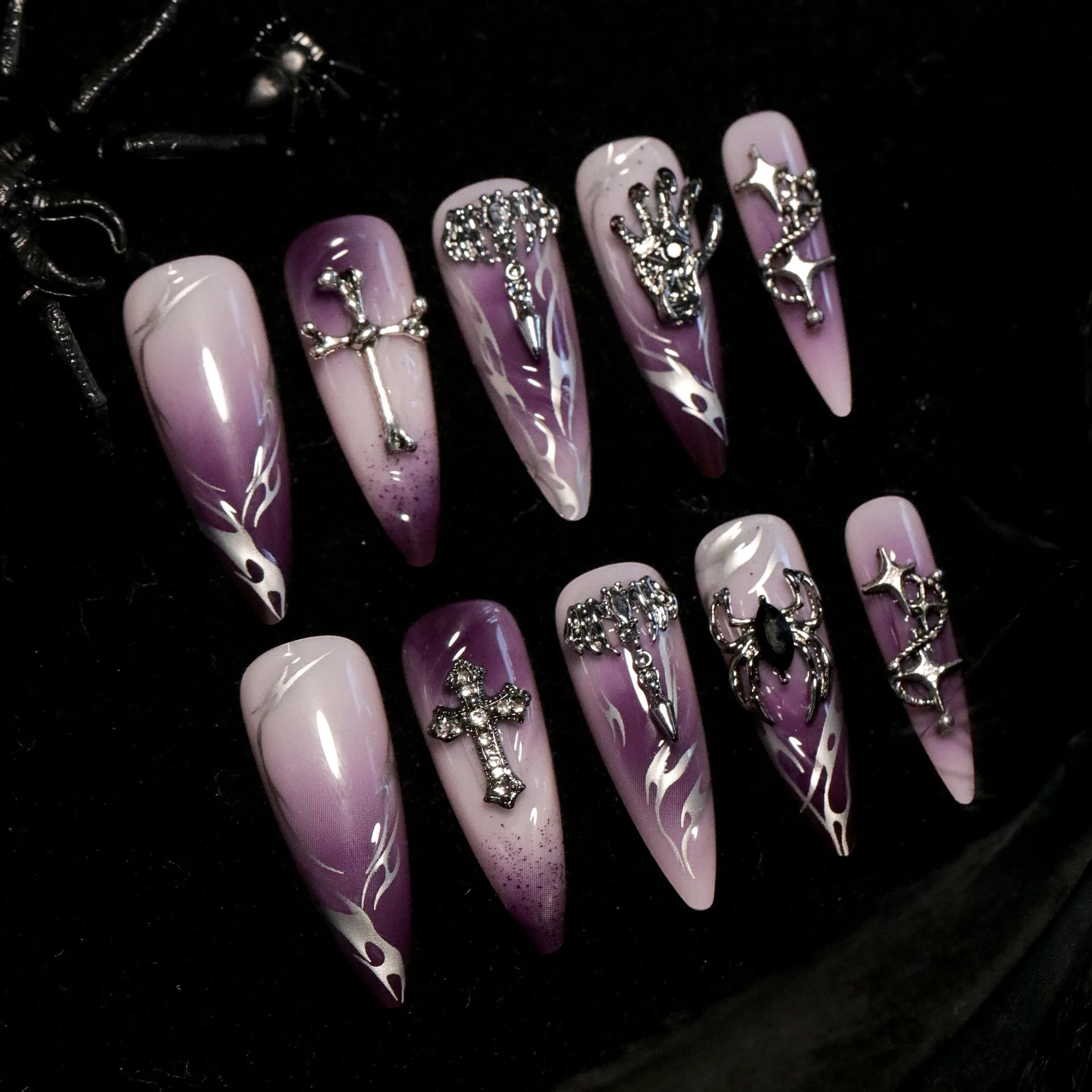 Halloween Cool Spider Skull False Nails – Purple Halo Press-on Nails with Glue