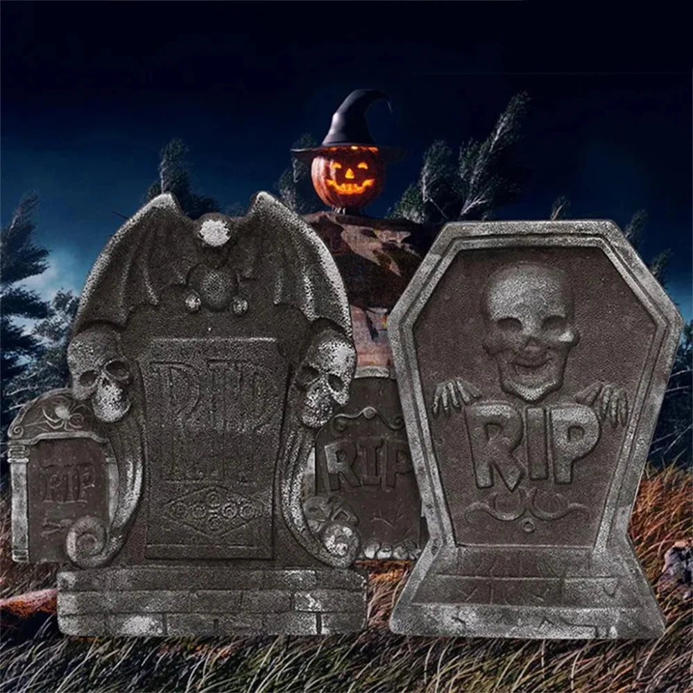 Halloween Foam Skeleton Tombstone – RIP Grave Bat Horror Props for Party & Haunted House