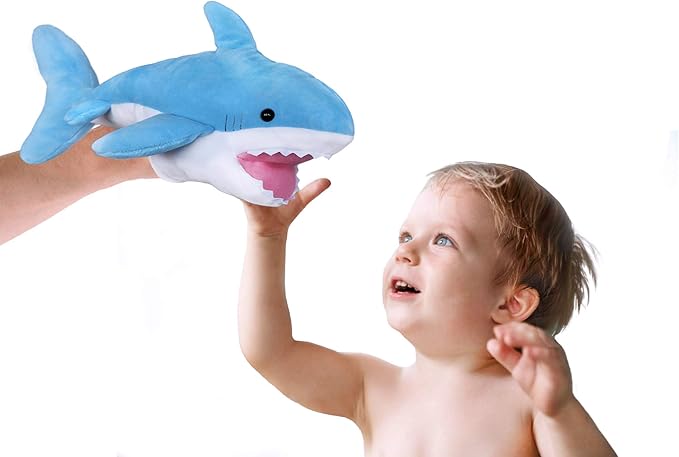 ICE KING BEAR Blue Plush Shark Hand Puppet – 14" Stuffed Animal Toy - Urbizia