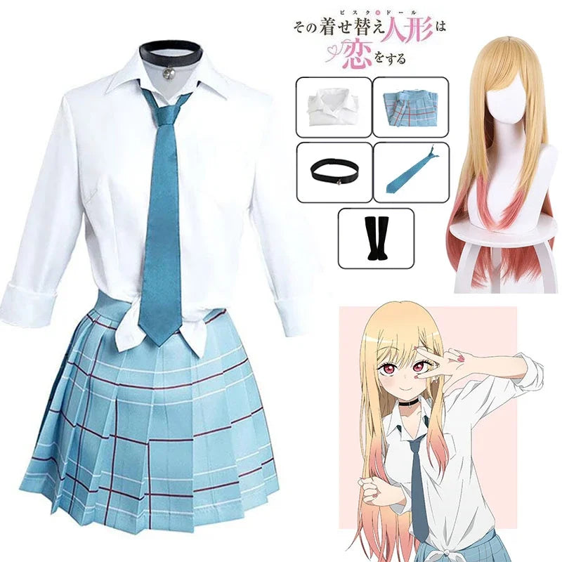 Kitagawa Marin Cosplay Costume – My Dress Up Darling Anime Outfit with School Uniform, Wig & Earrings for Girls