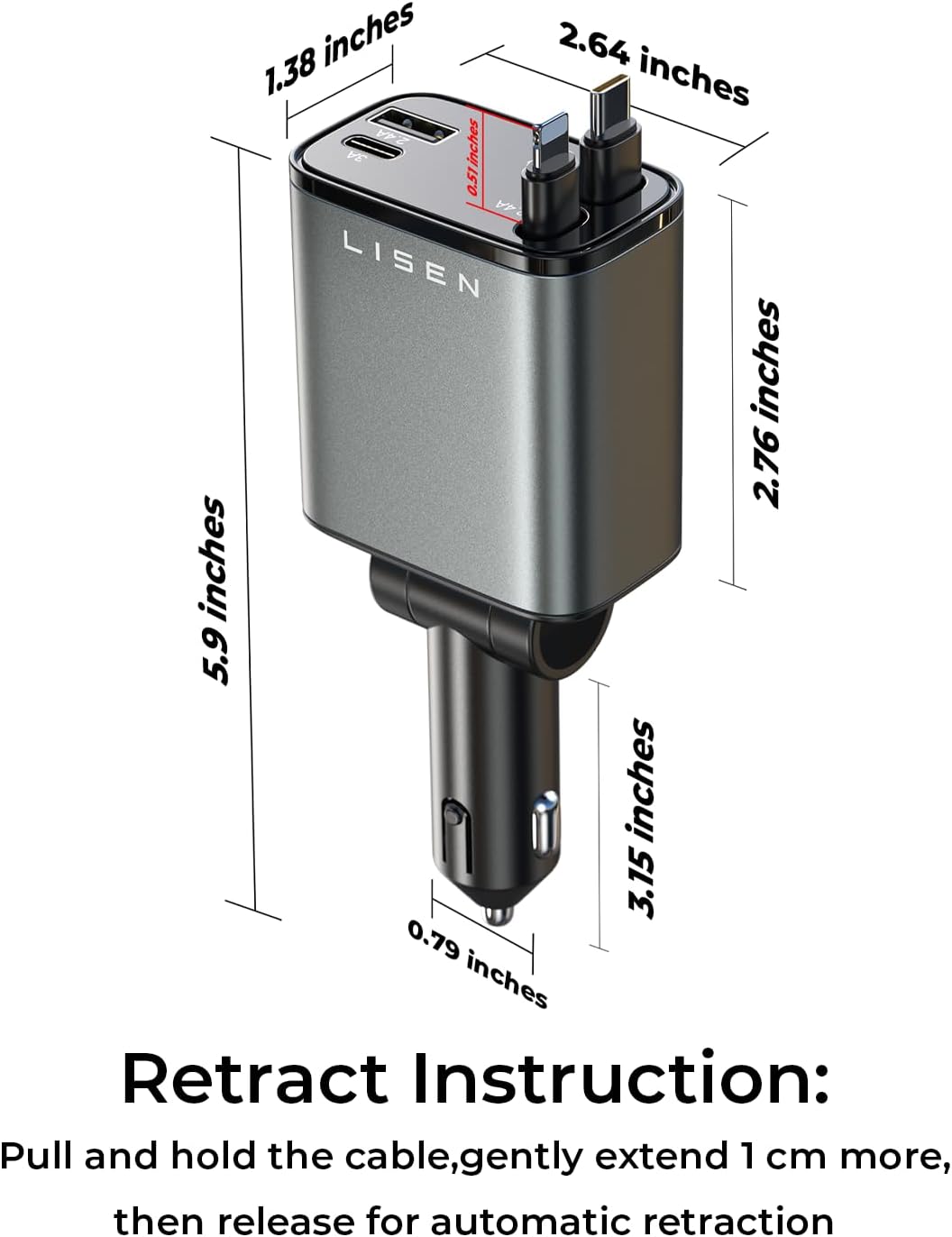 LISEN Retractable Car Charger – 69W Fast USB-C Adapter for iPhone & Travel - Urbizia