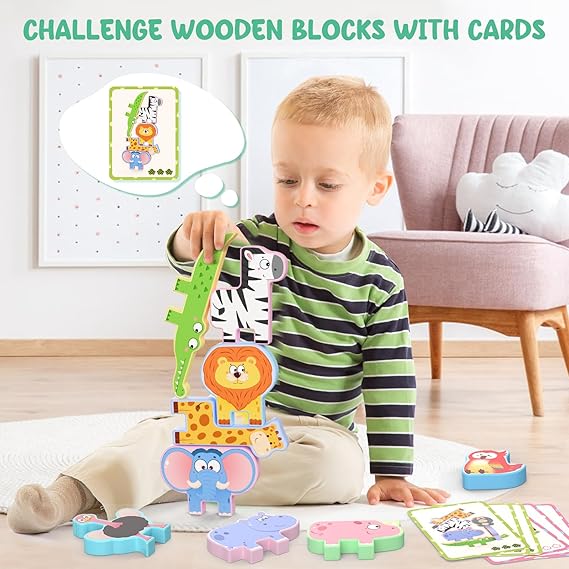 Montessori Wooden Animal Stacking Blocks – 10 Pack Toddler Learning Toys - Urbizia