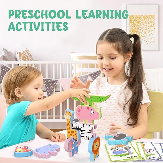Montessori Wooden Animal Stacking Blocks – 10 Pack Toddler Learning Toys - Urbizia
