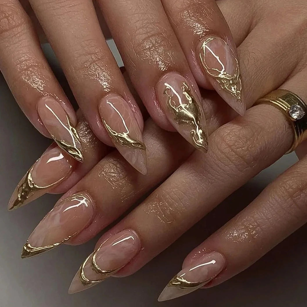 Punk 3D Gold Line & Silver Star Extra Long Pointed Fake Nails – Y2K Metal Halloween Press-on Manicure Set