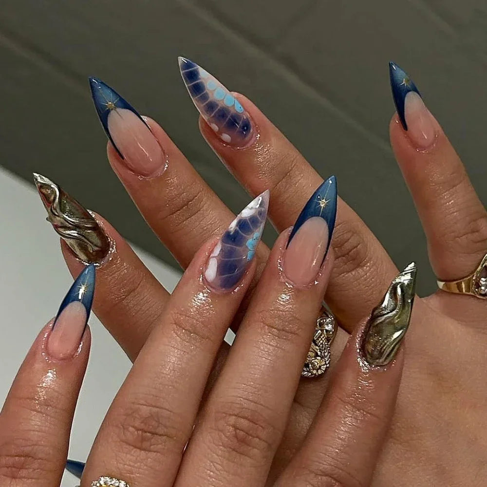 Punk 3D Gold Line & Silver Star Extra Long Pointed Fake Nails – Y2K Metal Halloween Press-on Manicure Set