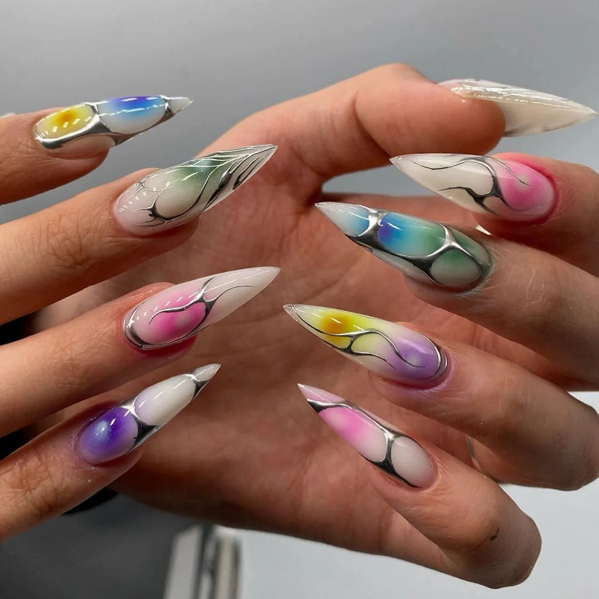 24Pcs Black Y2K Fake Nails with Diamond – Long Almond Butterfly Design Halloween Press-on Nails