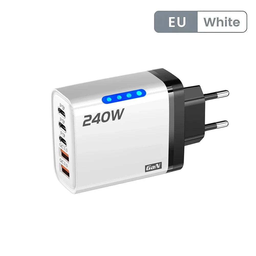 240W 5 Ports GaN Fast USB Charger Multi Port Wall Power Adapter Quick Charge Phone Charger EU US Plug For iPhone Samsung Xiaomi