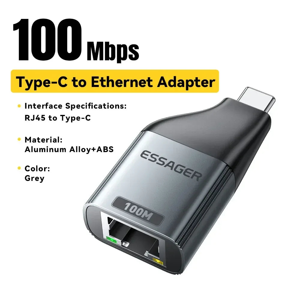 Essager Type-C to Ethernet Adapter 100/1000Mbps Gigabit High-Speed RJ45 To Type-c Adapter For MacBook Laptop Wired Network Card - Urbizia