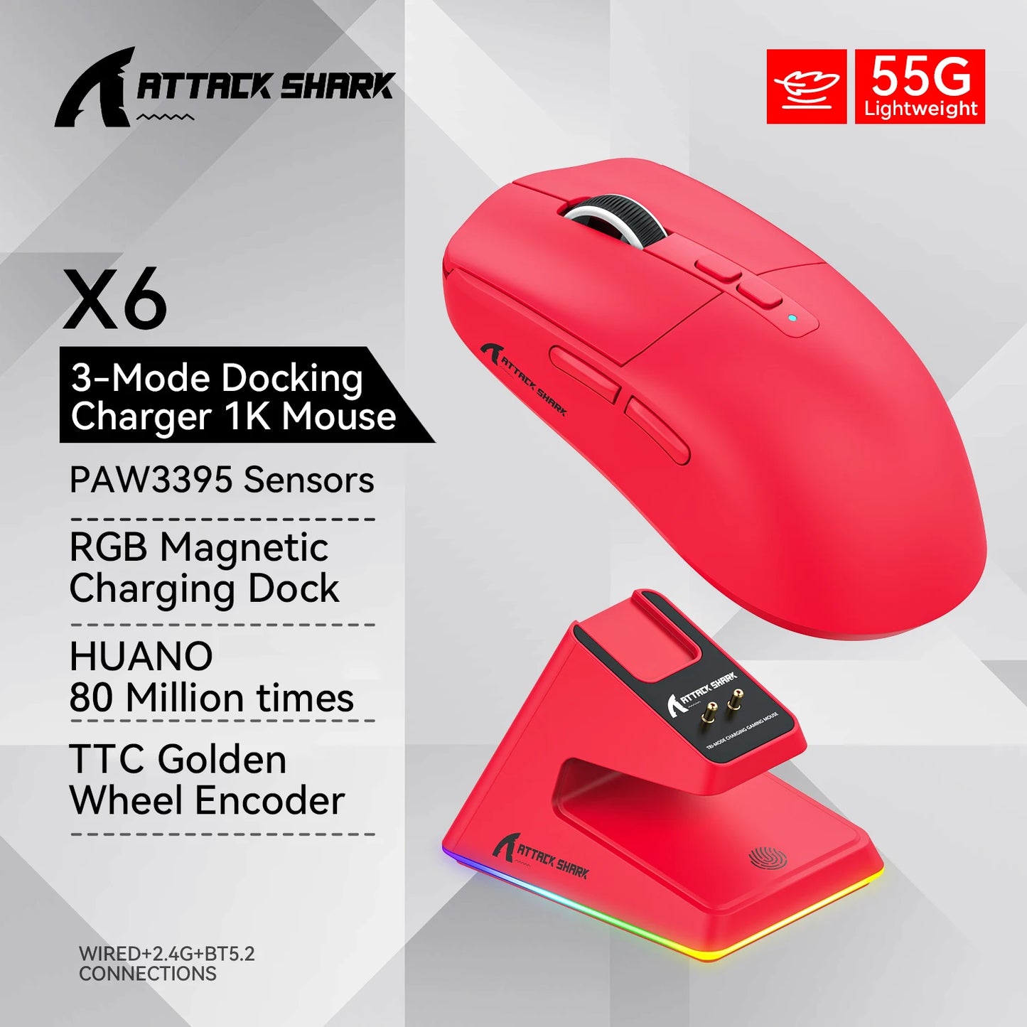Attack Shark X6 Gaming Mouse – PAW3395 Sensor, Tri-Mode Bluetooth/2.4G, RGB Magnetic Charging Base