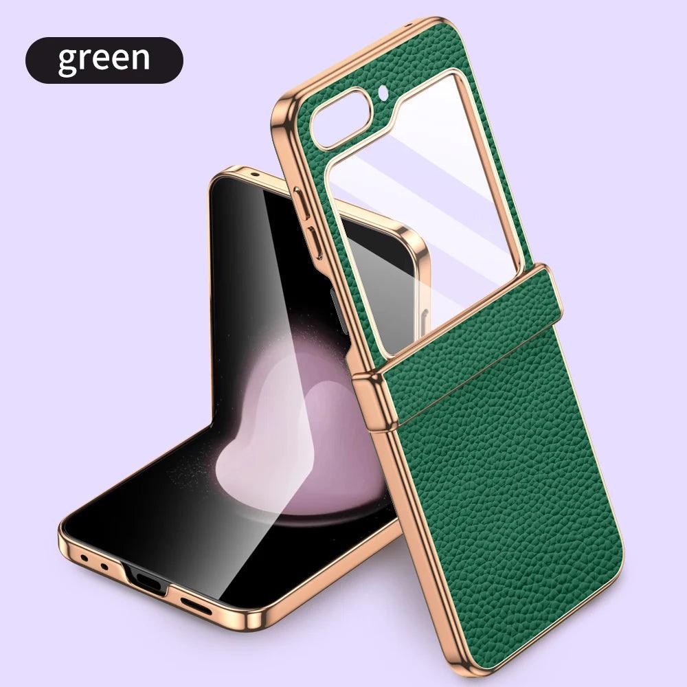 Cowhide Leather Phone Case for Samsung Galaxy Z Flip7 Flip6 Flip 7 FE 6 5 Luxury Hinge Protection Cover with Tempered Glass