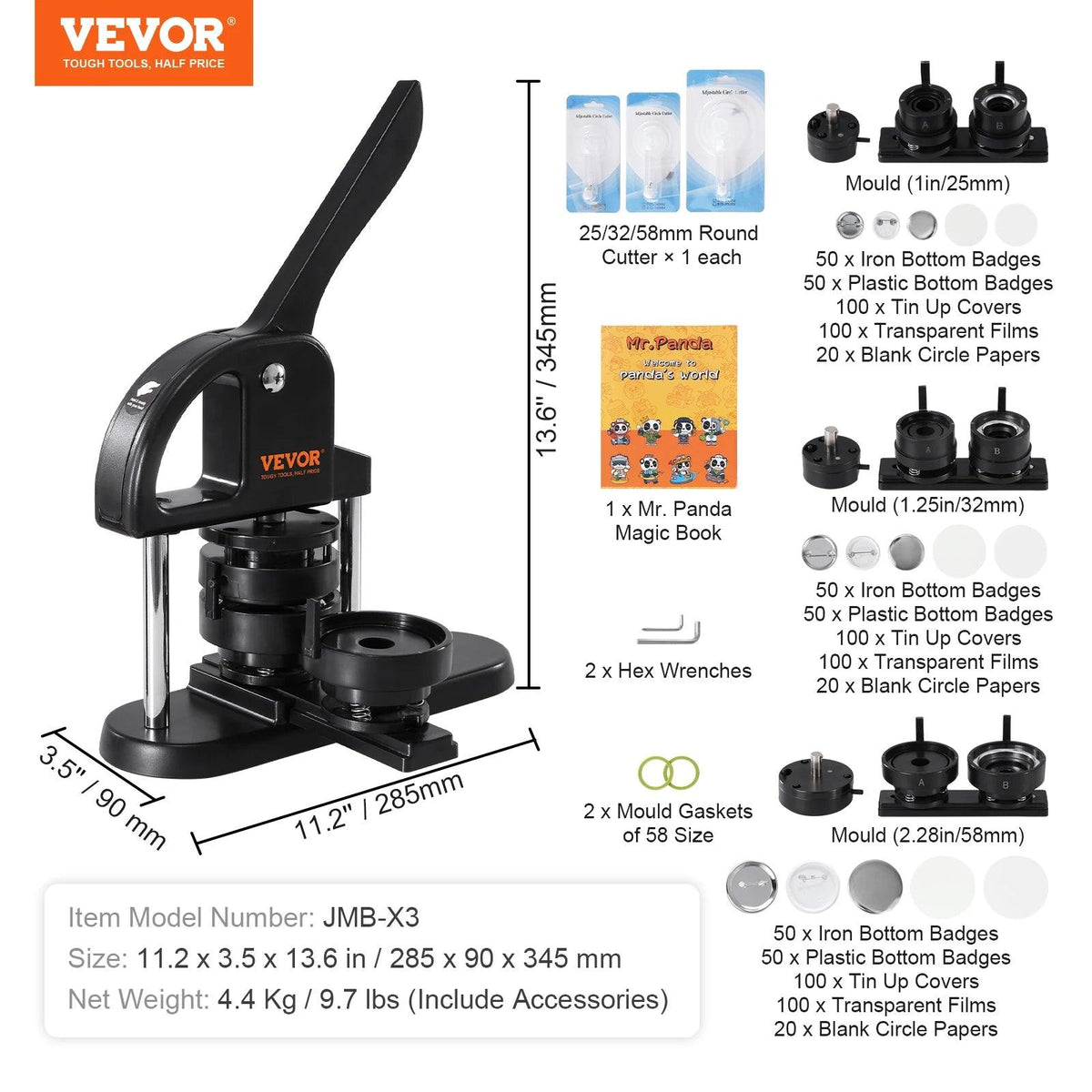SucceBuy Button Maker Machine – 25mm, 32mm & 58mm Pin Press Kit