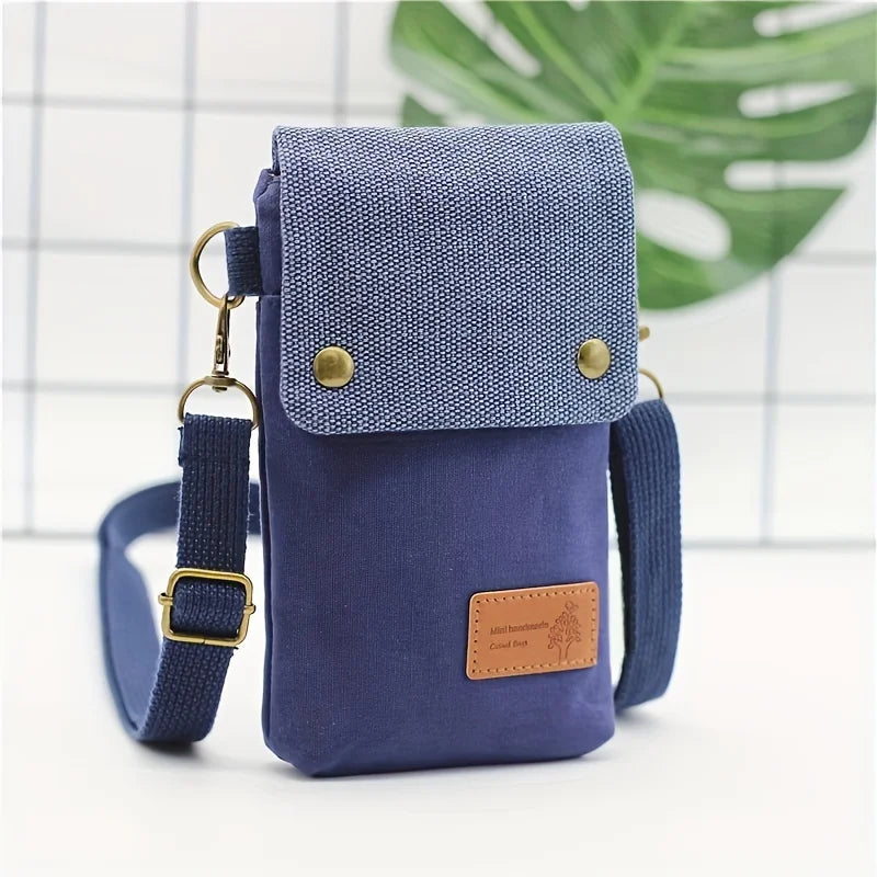 Solid Color Canvas 3 Layer Crossbody Cell Phone Bag Simple Cloth Women's Bag Fashion Satchel Shoulder Coin Purse