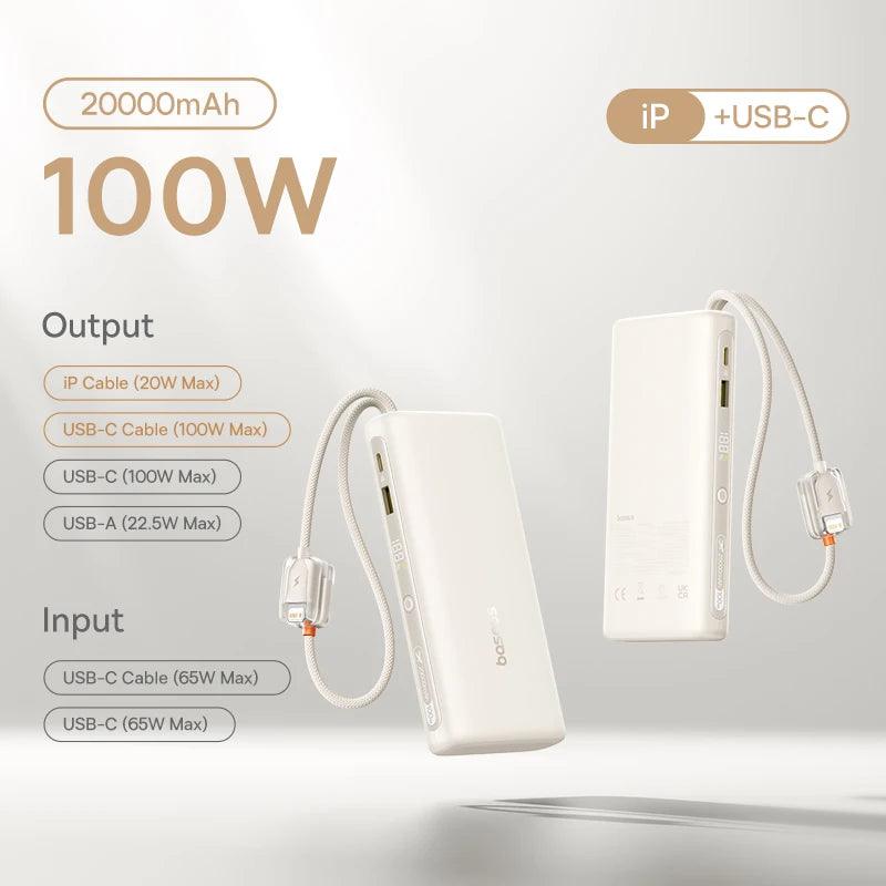 Baseus 145W Power Bank 25000mAh Fast Charging Built-In Type-C Cable Portable Battery Charger for iPhone Samsung MacBook Tablet
