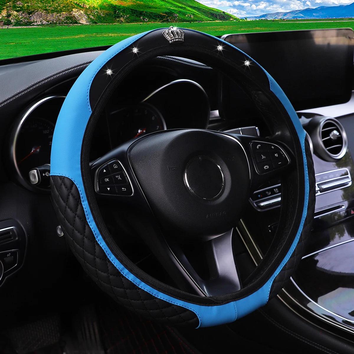 Pu leather diamond-encrusted crown Blingbling car rimless steering wheel cover suitable for 14.5 - 15 inch car accessories