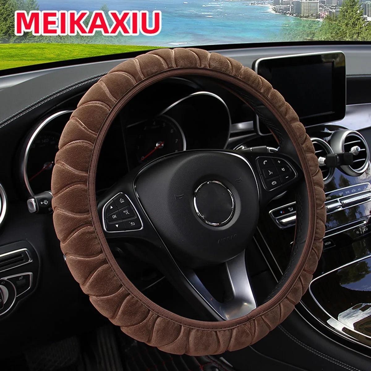 The soft short-fur plush pressed flower car inner-free steering wheel cover is suitable for 14.5 - 15-inch car interior accessor