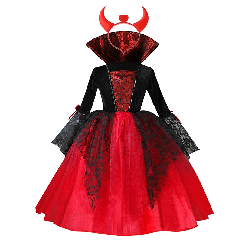2025 Girls Cosplay Vampire Halloween Dress For Kids Ghost Bride Gothic Costume Count Vampiran Carnival Outfit Black Red Clothes