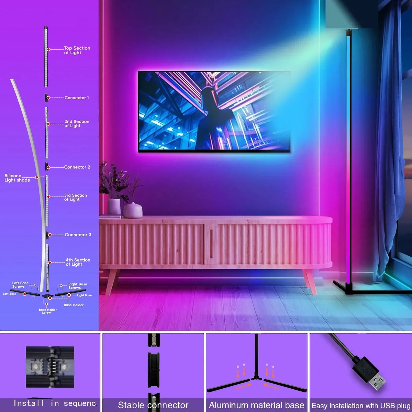 RGB Dream Color Floor Lamp with Music Sync Modern 16 Million Color Changing Standing Mood Light For Bedroom Living Room - Urbizia