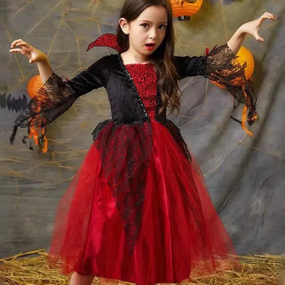2025 Girls Cosplay Vampire Halloween Dress For Kids Ghost Bride Gothic Costume Count Vampiran Carnival Outfit Black Red Clothes