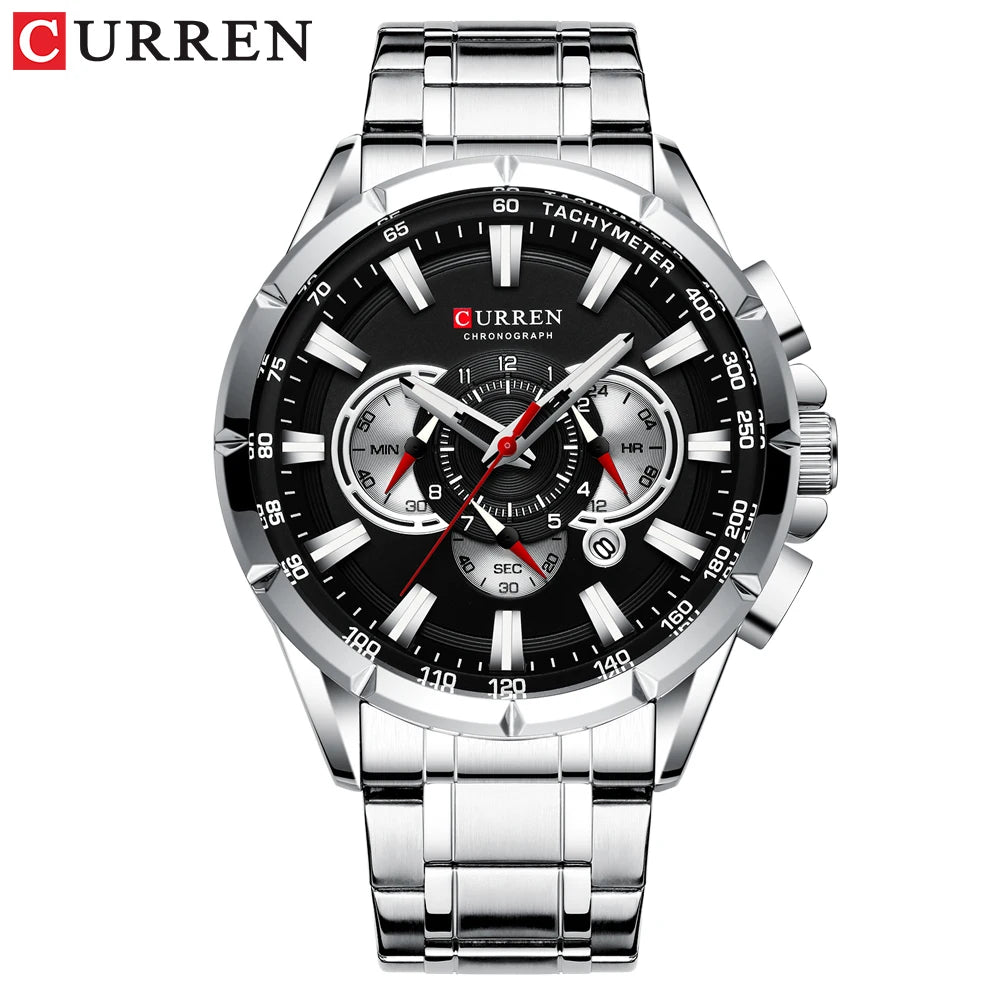 CURREN 8363 Casual Sport Chronograph Men's Watches Stainless Steel Band Wristwatch Big Dial Quartz Clock with Luminous Pointers
