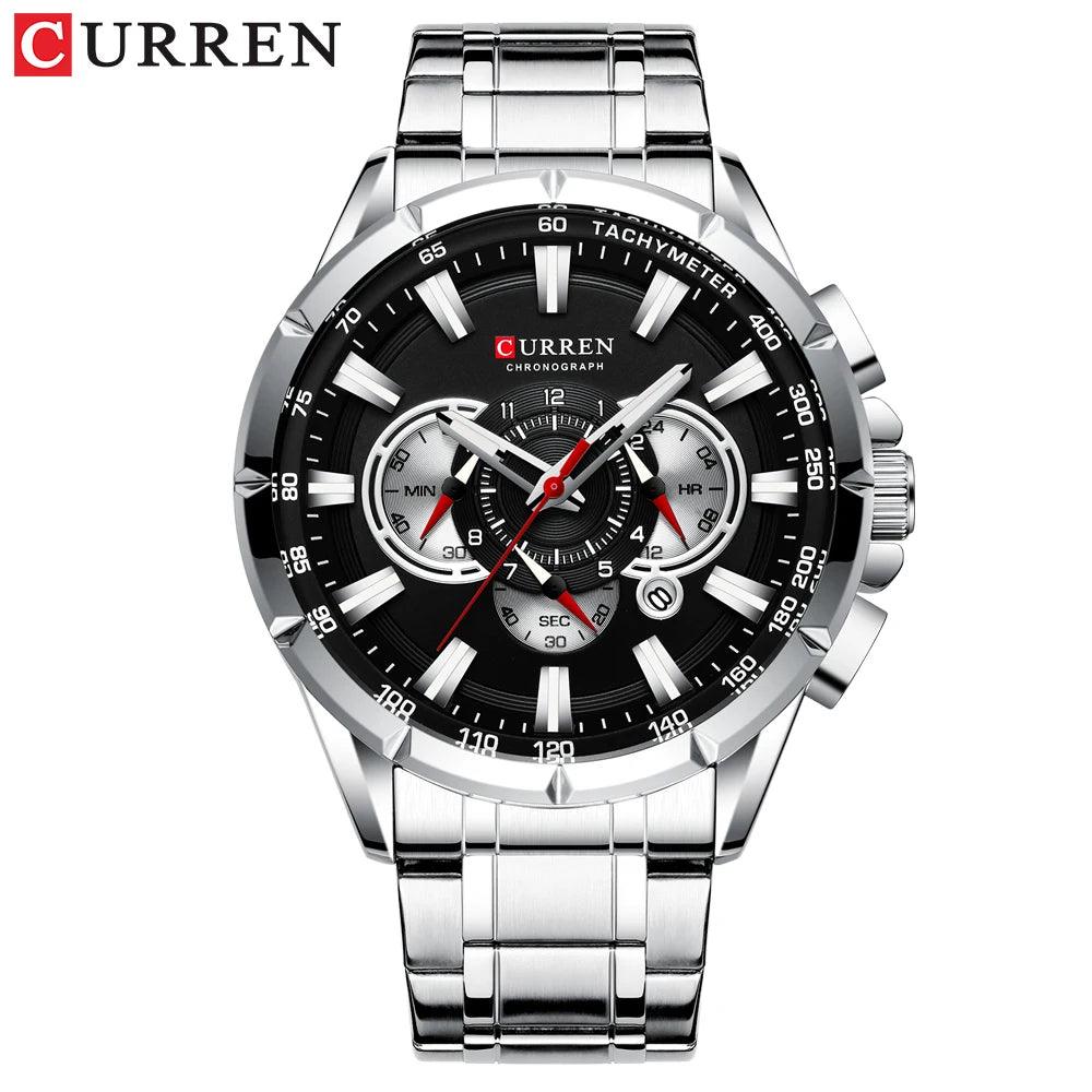CURREN 8363 Casual Sport Chronograph Men's Watches Stainless Steel Band Wristwatch Big Dial Quartz Clock with Luminous Pointers