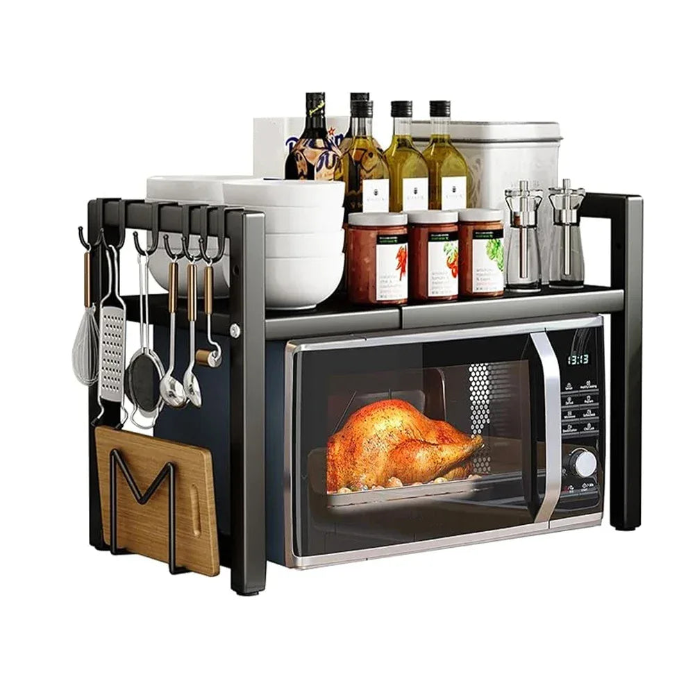 Adjustable Microwave Oven Rack with Hooks & Storage Stand
