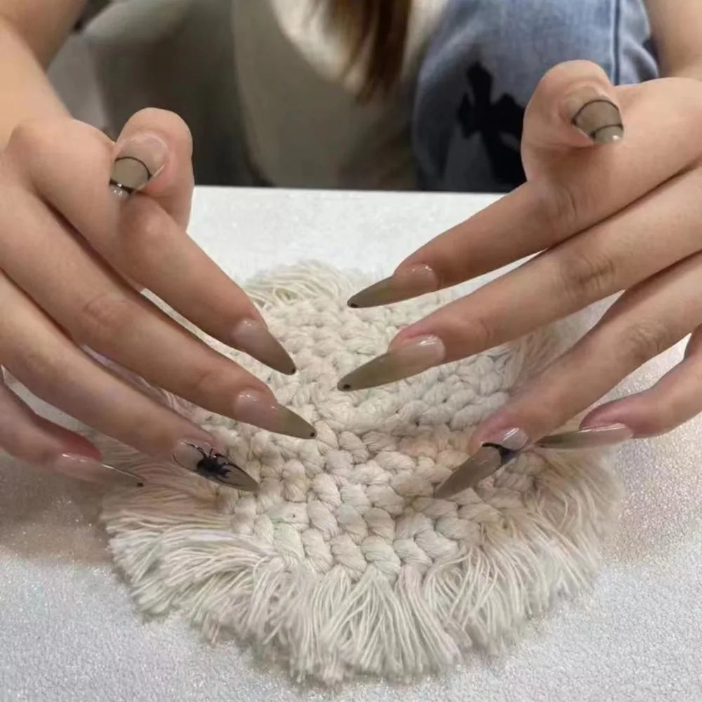 24Pcs Long Almond Fake Nails – Detachable French Ballet Halloween Press-on Full Cover Nail Tips